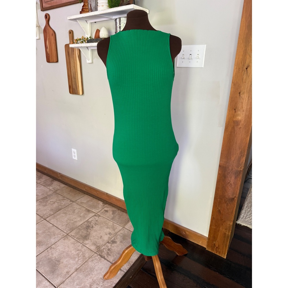 Zara Womens Ribbed Knit Sleeveless Midi Dress Kelly Green fitted Medium